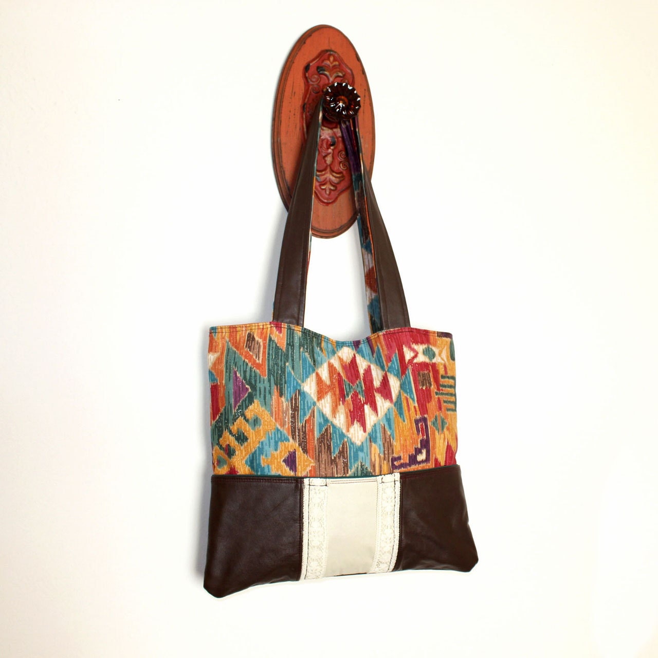 Southwestern Bag Tribal Print Upcycled Leather Tote Purse Unique EcoFriendly Handmade