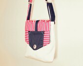 Striped Messenger Bag Upcycled Denim Bird Embellishment OOAK Unique Handmade