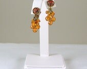 Vintage Clip On Earrings Red Rhinestones Orange Aurora Borealis Dangles
