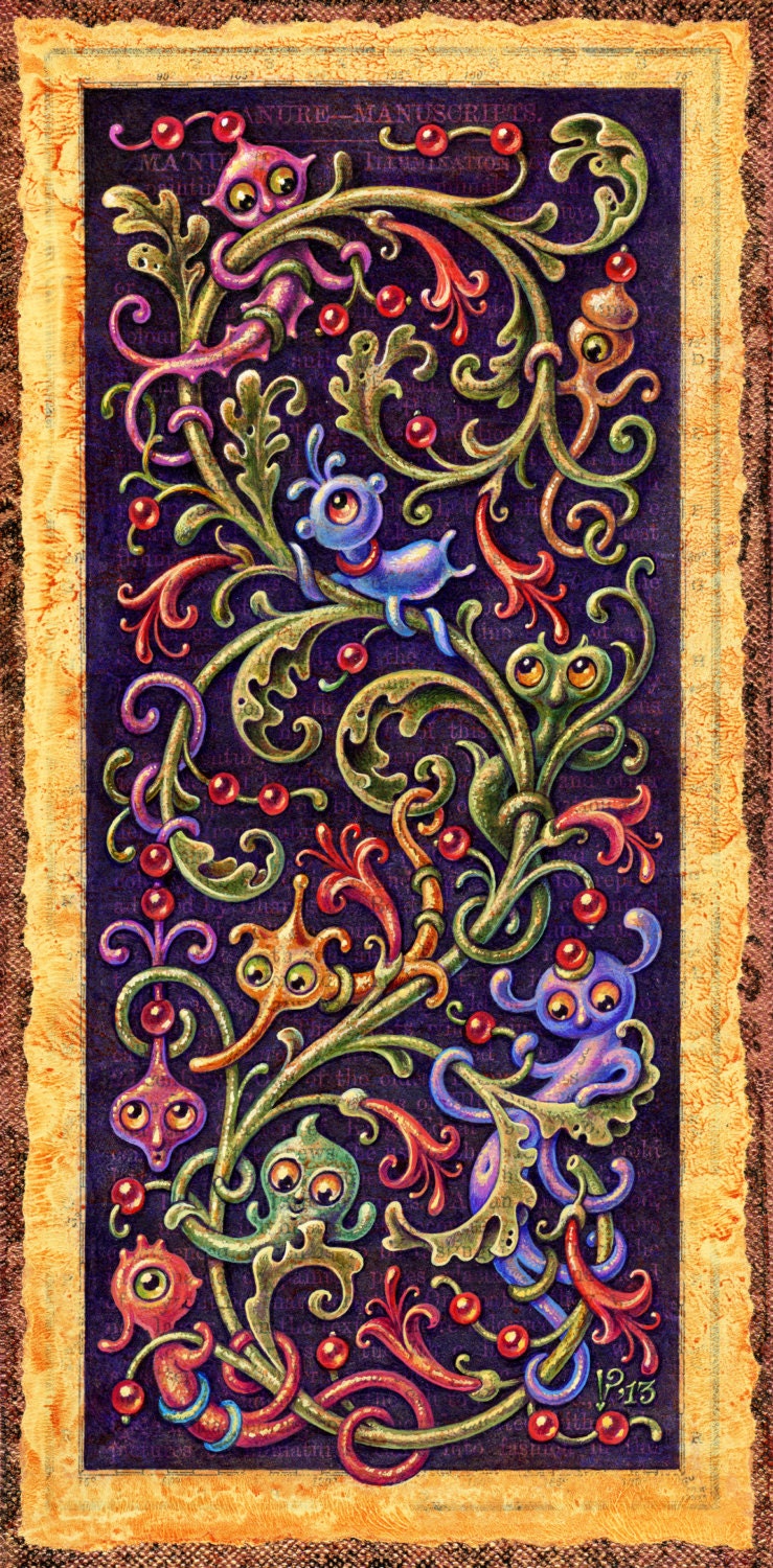 Marginaliens- Signed Archival Art Print of Cute Aliens Cavorting in an Illuminated Manuscript - Curious Art