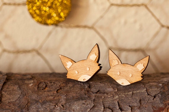 Fox Post Earrings Lasercut Birch Wood - Tokala - Woodland Creature Jewelry