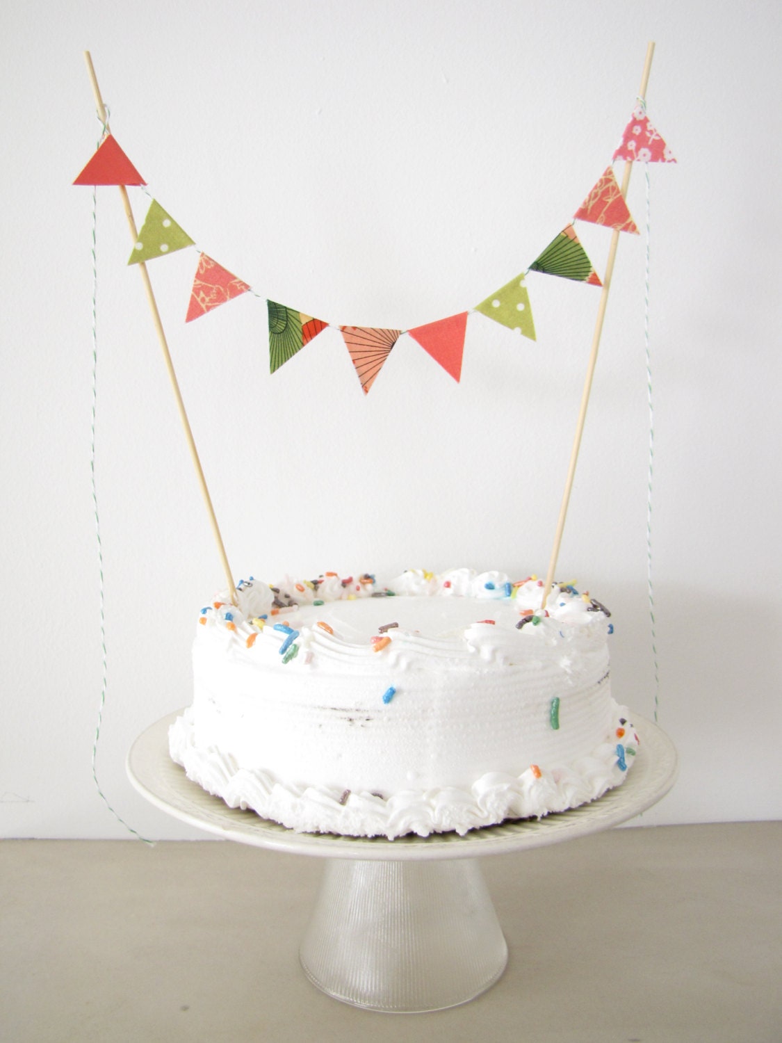 Fabric Cake Topper - Bunting Decoration - Wedding, Birthday Party, Shower Decor in coral olive green peach floral polka dots geometric print