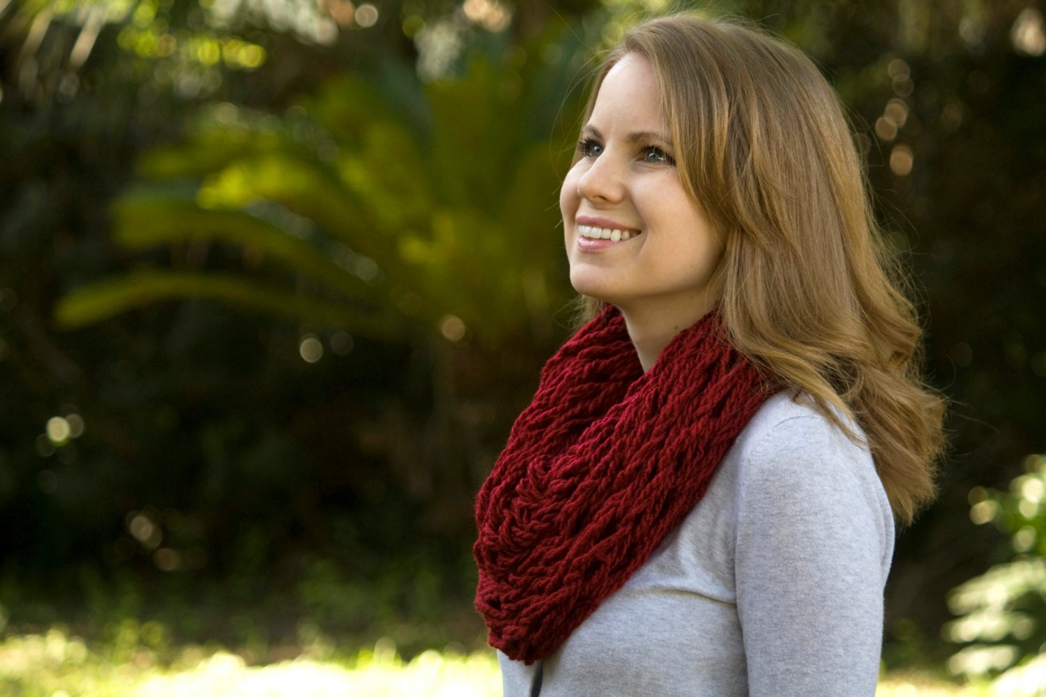 Red Infinity Scarf, Arm Knit Spring Scarf, Chunky Cowl