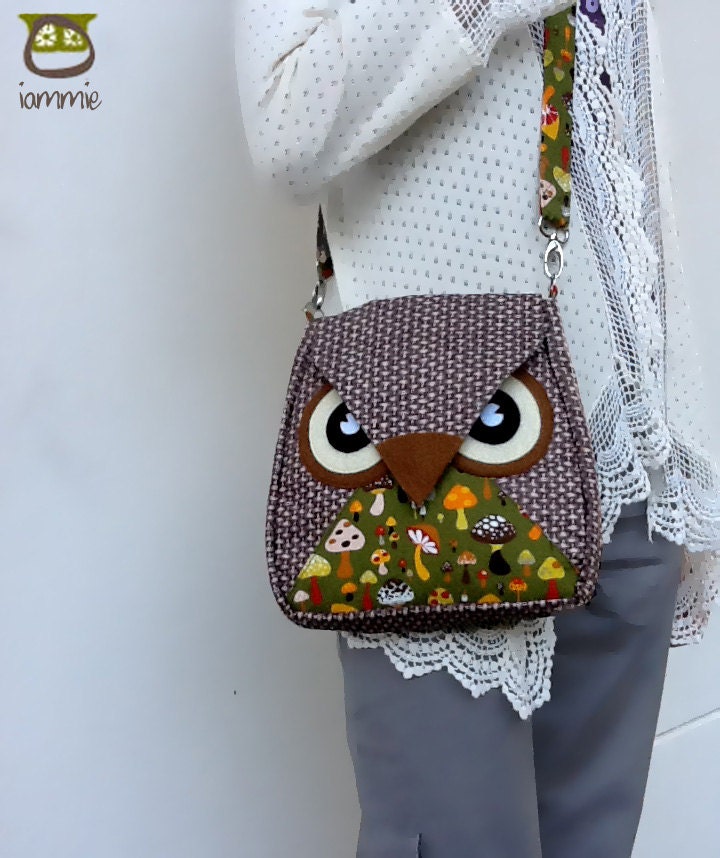 Bamboo: Brown Flip Bag, Owl Bag, messenger bag, tote, animal, women, kid bag, children bag, fabric bag, girl bag, boy bag, green, mushroom