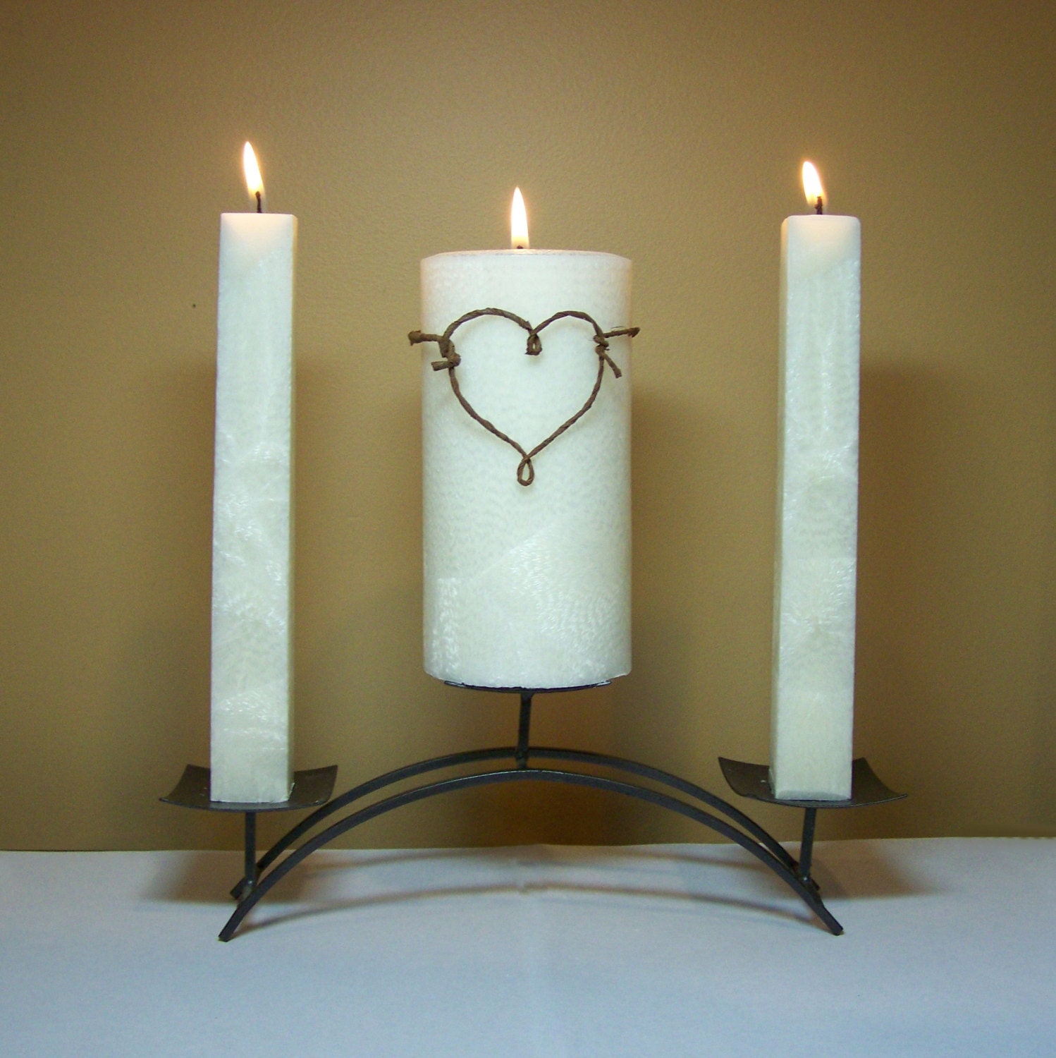 Rustic Unity Candle Set for Weddings: 6" White Unscented Pillar with Two 8" Taper Candlesticks