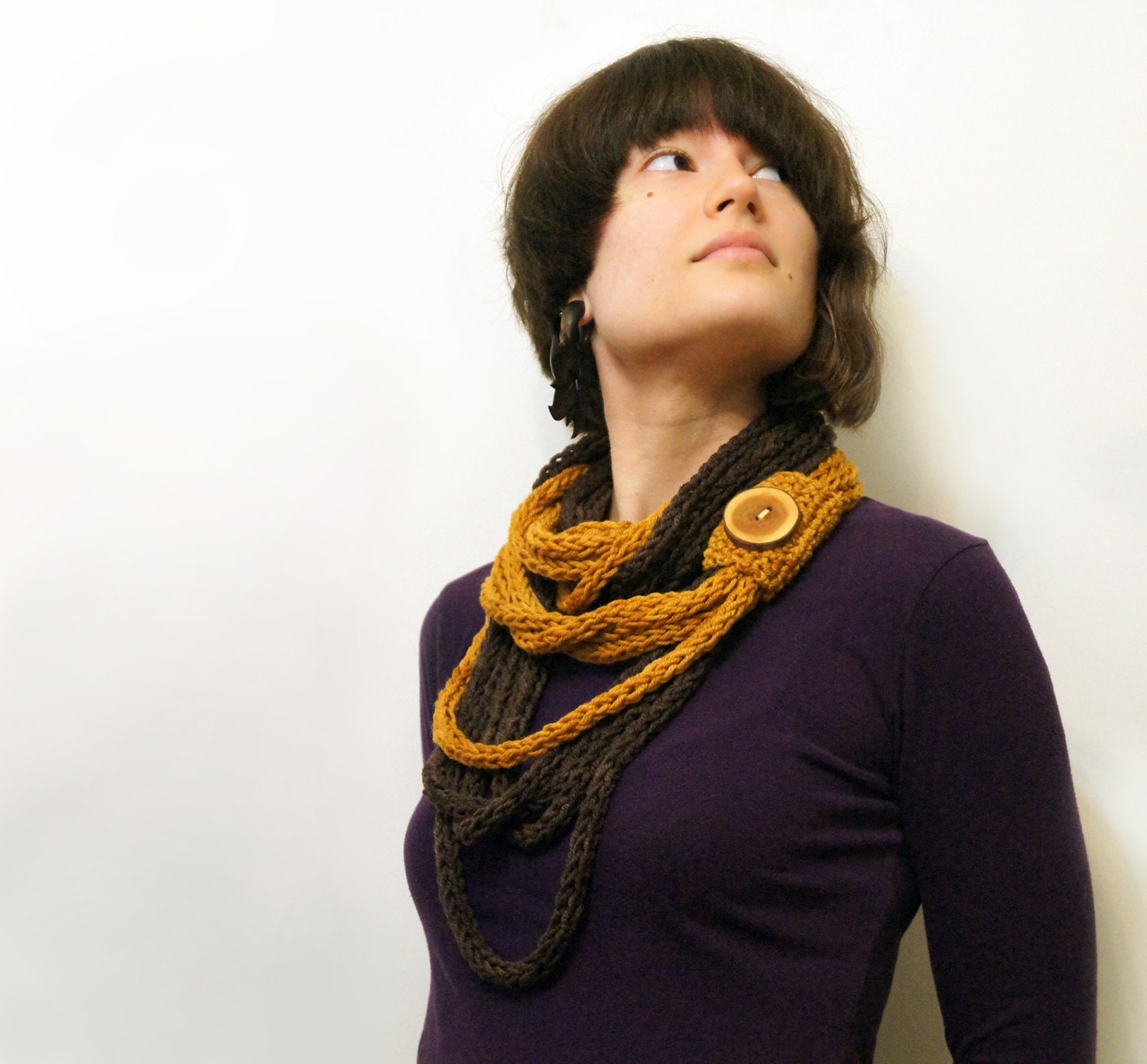 Crochet cord cowl statement necklace neckwarmer infinity scarf with reclaimed wood button - brown mustard yellow - merino wool