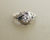 Antique 18k White Gold Filigree Diamond and Sapphire Engagement Ring