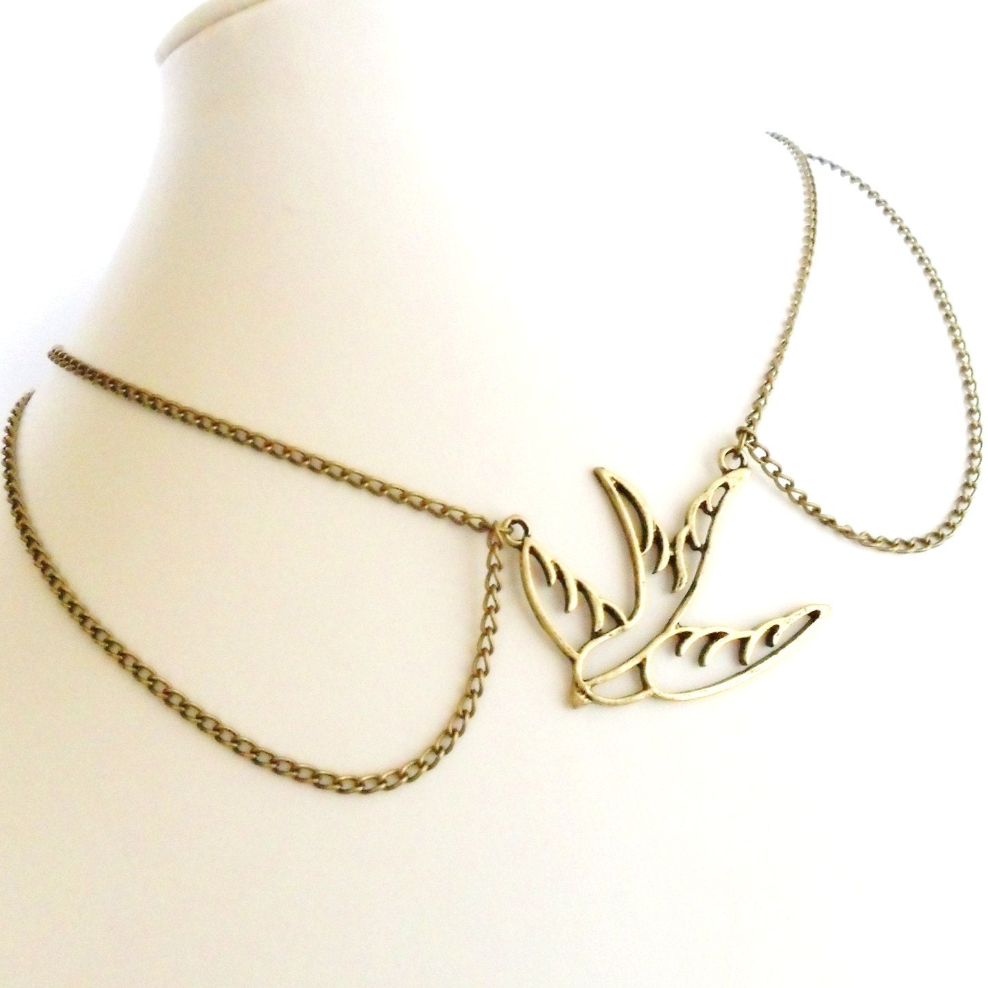 Peter Pan Collar Necklace, Swallow Necklace, Bird Necklace Antique Bronze Metal Chain Rockabilly Retro Vintage Style