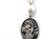 Alice in Wonderland necklace, John Tenniel Illustration in black and white.
