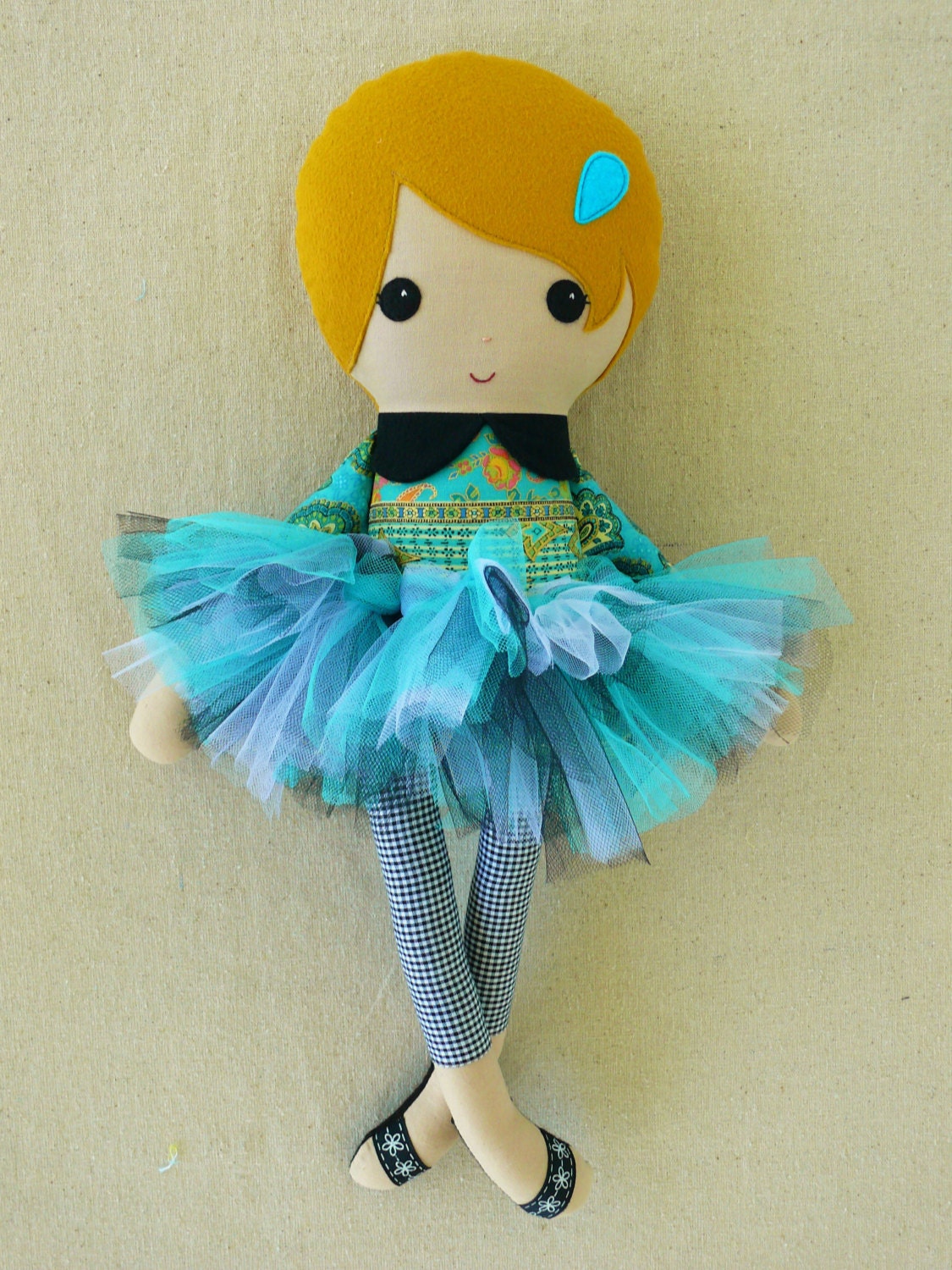 Fabric Doll Rag Doll Girl in Turquoise and Metallic Gold Dress and Tutu
