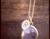 Tiny white enamel and gold initial with glass birthstone charm