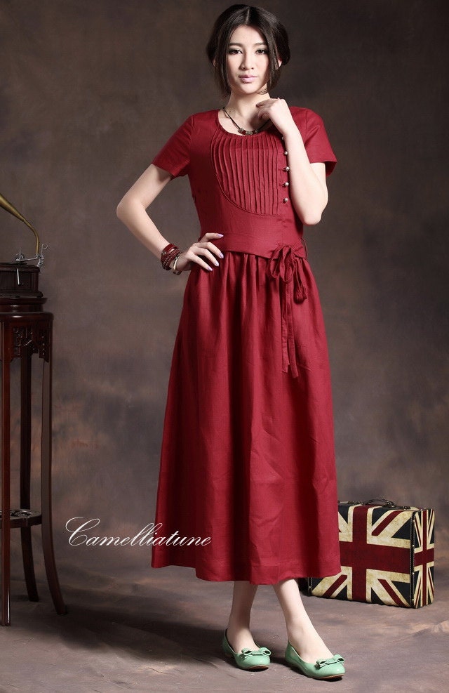 Long Pleated Linen Dress in Red / Maxi Cocktail Formal Dress