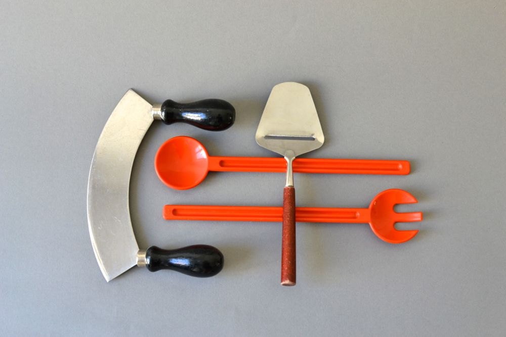 Vintage gourmet kitchen set cheese slicer salad server mincing draw knife German Scandinavian Swedish