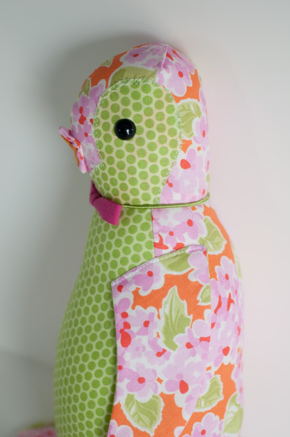Adult Penguin - Pink and Orange Floral with Lime Green Polka Dot Belly and a Hot Pink Bow Tie