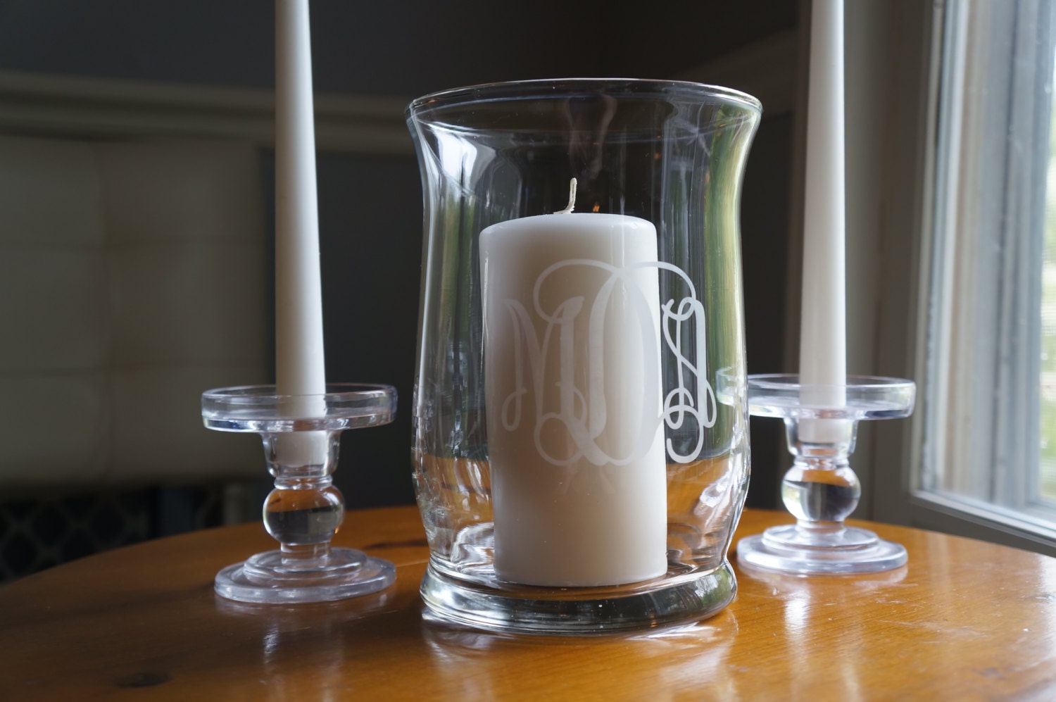 Unity Candle Holder / Hurricane Vase - Vine Monogram