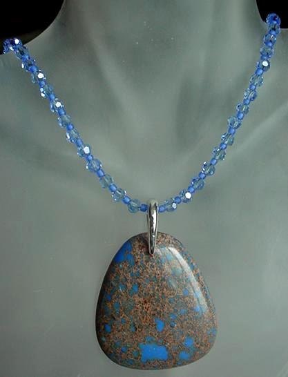 Blue Pendant (Removable)- Sea Sediment Jasper Pendant  c/w Necklace Chain- Light Blue Round Beads - 21"lg