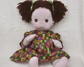 Vintage Inspired 16" / 40.6 cm Textile Baby Girl. Brown Eyes & Hair. All Natural Soft Sculptured Jointed Baby, Child Safe Cloth Doll