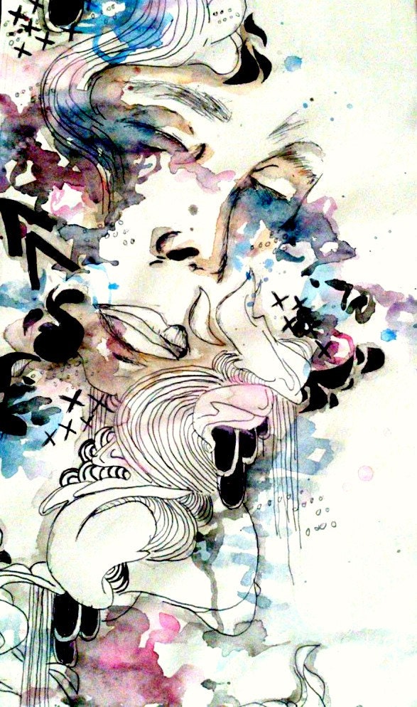 6x4 inch abstract art print, ooak portrait art print reproduction on glossy photo paper signed, unique purple and blue art print