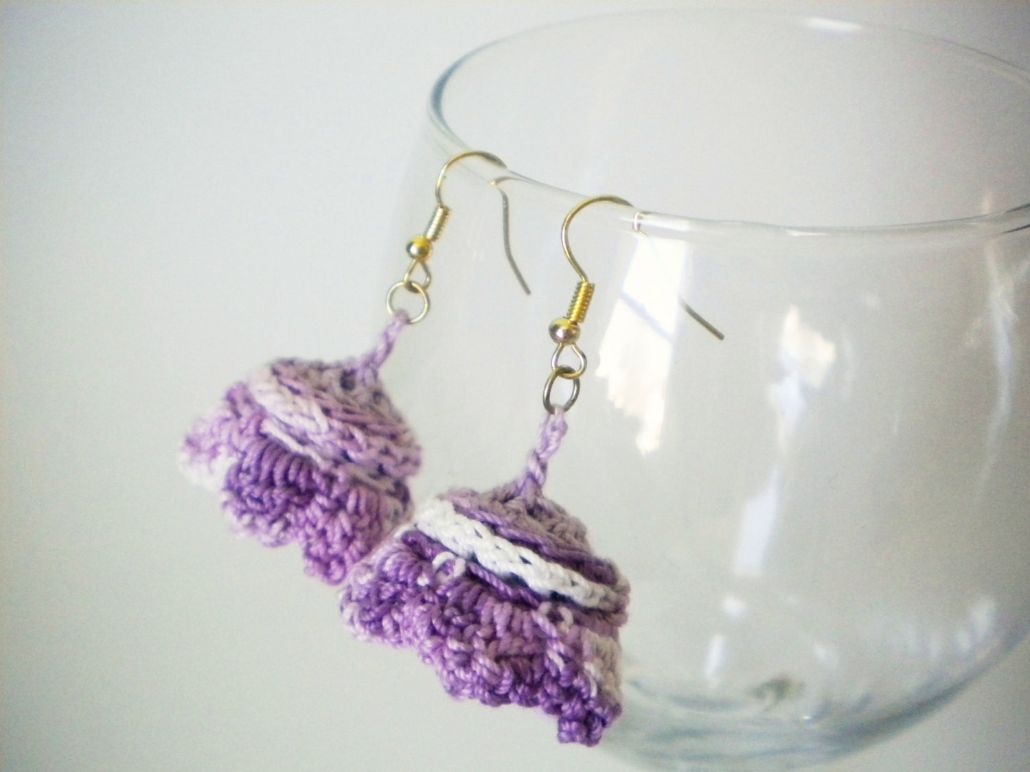 Crocheted Bell Flower Earrings in African Violet and White with Golden Hooks with Scalloped Motif Edging