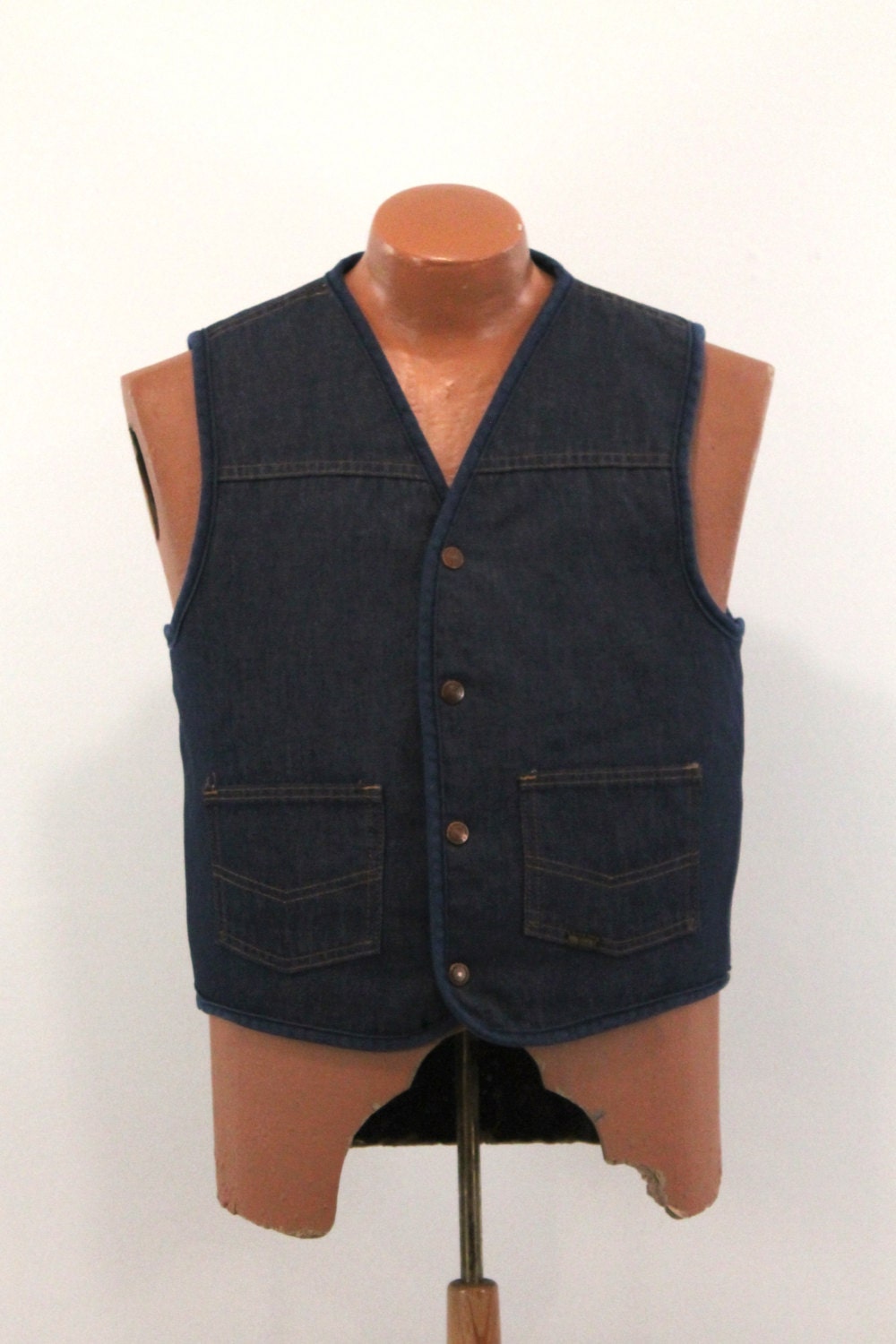 Sears Western Vest : Denim Vest 70s Vintage Dark Blue Jean Vest - Men's Medium M Slim / Small S