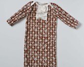 Newborn girl clothes set. (gown & hat)  Vintage floral print in brown, cream and blue. Size newborn. (Made by lippybrand.)