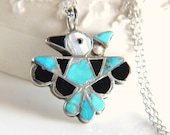 Sterling Silver Southwest Thunderbird Pendant Necklace with Turquoise, Onyx and Abalone
