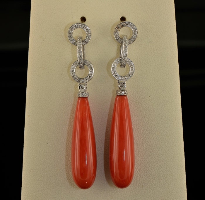 Sensational natural red coral and diamond long torpedo drop earrings