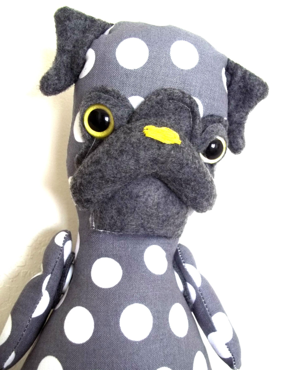 miniature Mon Cher Pug (grey, lemon, neon, yellow, silver polka dots) pug doll,stuffed dog, stuffed toy, stuffed animal, children