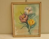 Vintage Watercolor Tulips Crocus Original Painting Flowers Framed 1950s