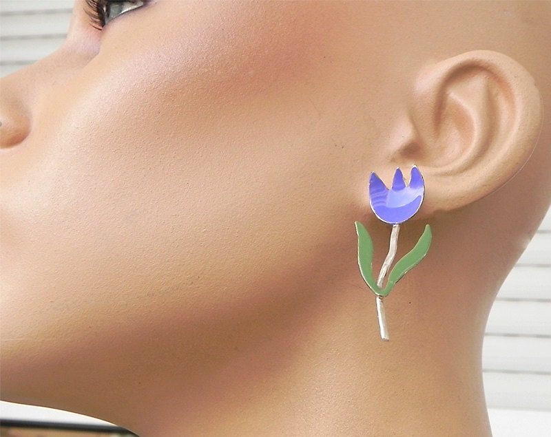 Handmade tulips earrings, painted purple-green. Sterling silver pin hangers.