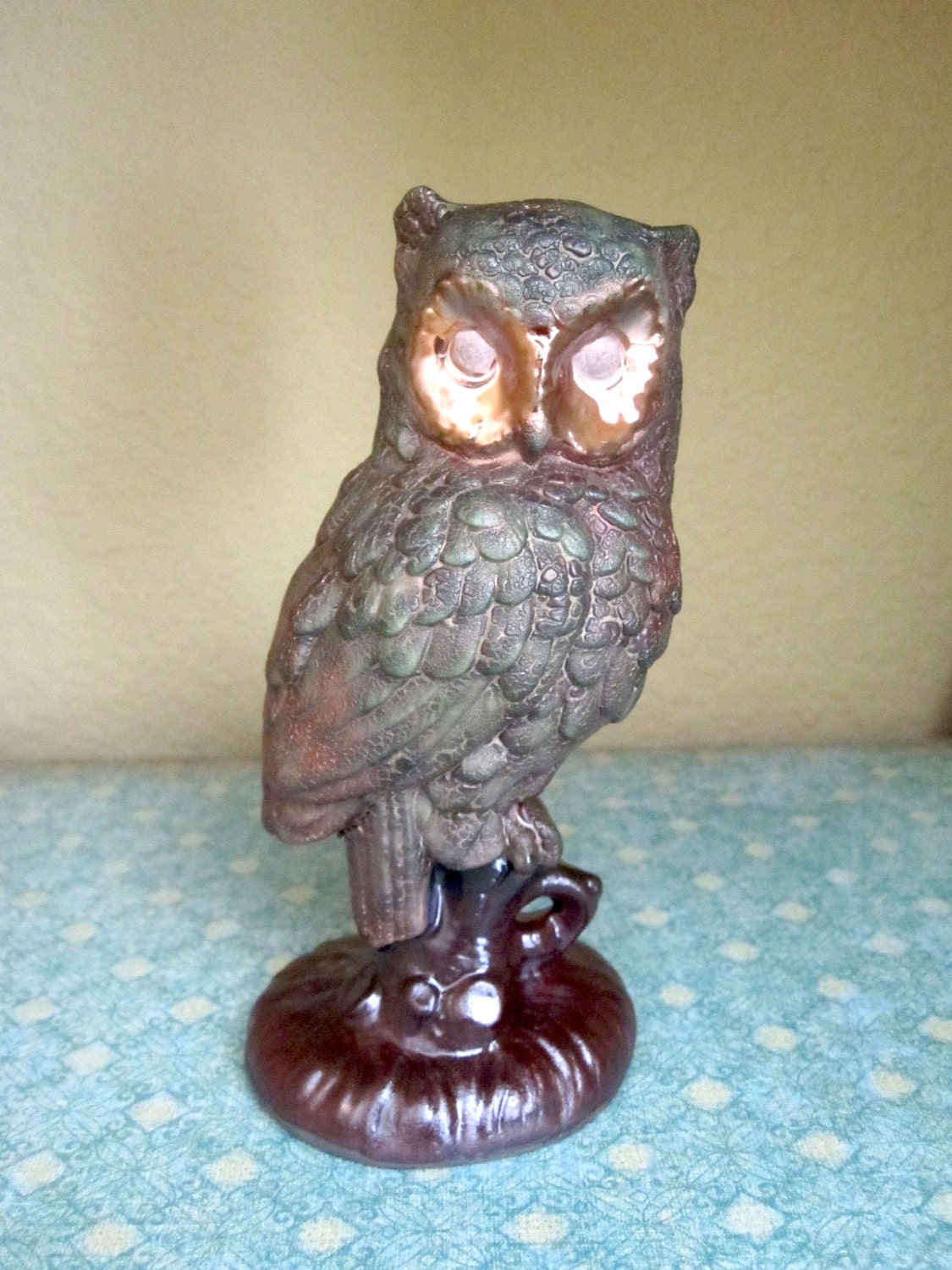 Raku Owl on Log Handmade