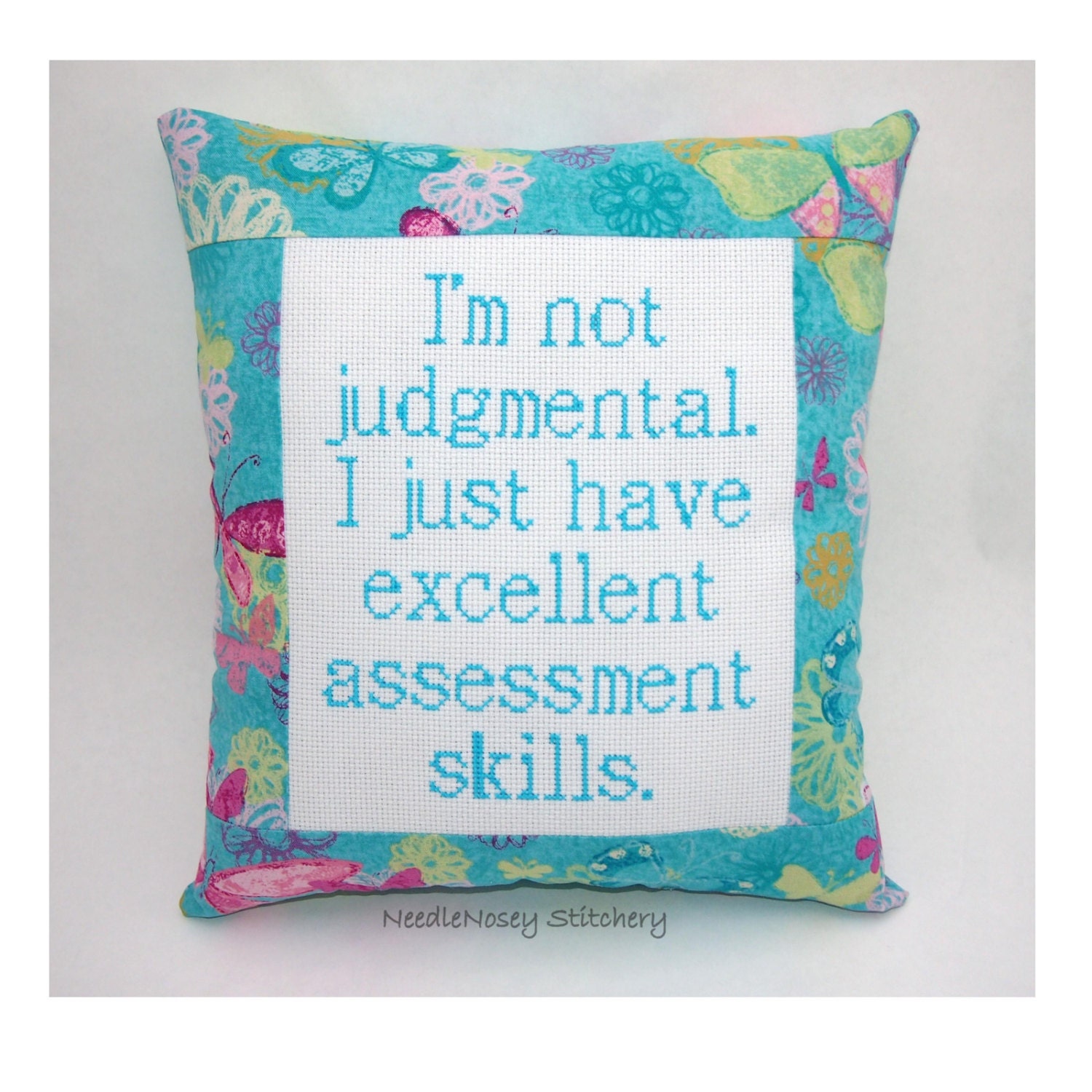 Funny Cross Stitch Pillow, Pink And Turquoise Pillow, Judgmental Quote