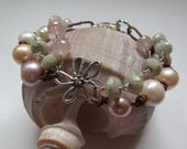 Multi Strand Wildflower Giant Freshwater Pearls, Mystic Pink Chalcedony, and Mystic Aquamarine Sterling Silver and Leather Bracelet