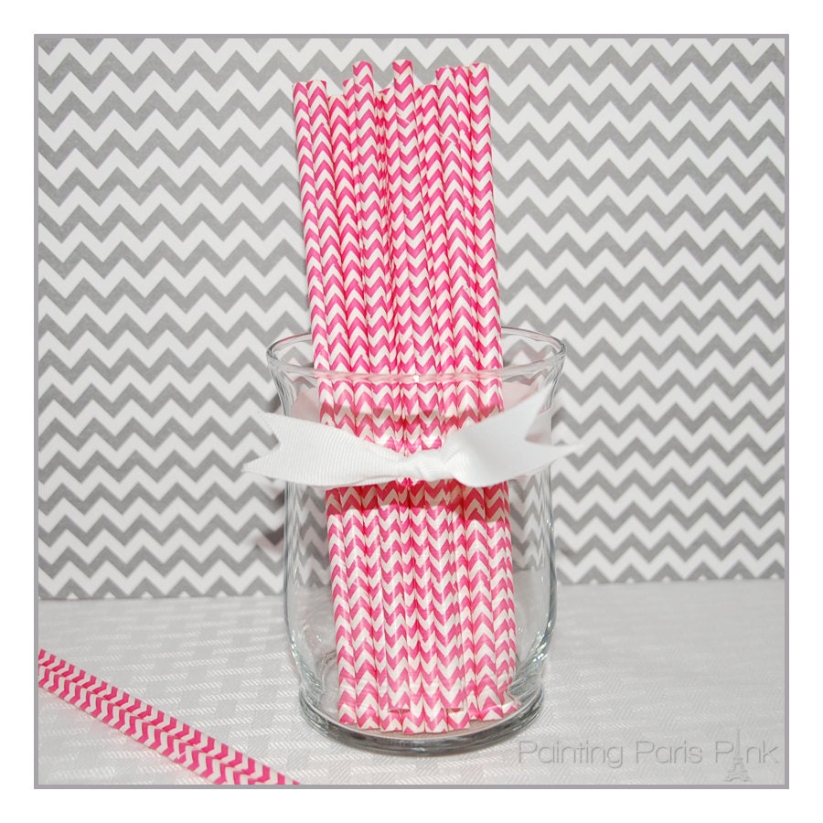 25 Paper Party Drinking Straws - CHEVRON PRINT - Bubble Gum