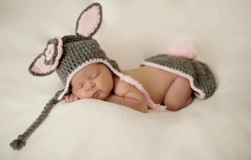 Girl Boy Bunny Rabbit Easter baby hat ear flaps braids and cover pom pom tail detashable flower Crochet Set Photography Prop