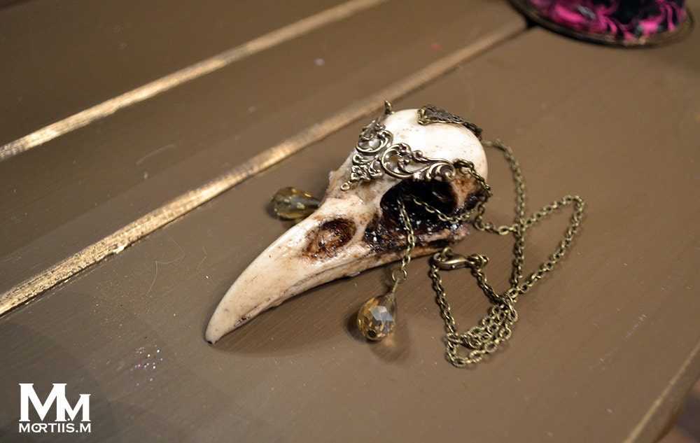 LIMITED WarriorCrow crow skull necklace pendant with Champagne crystal by Mortiis.M