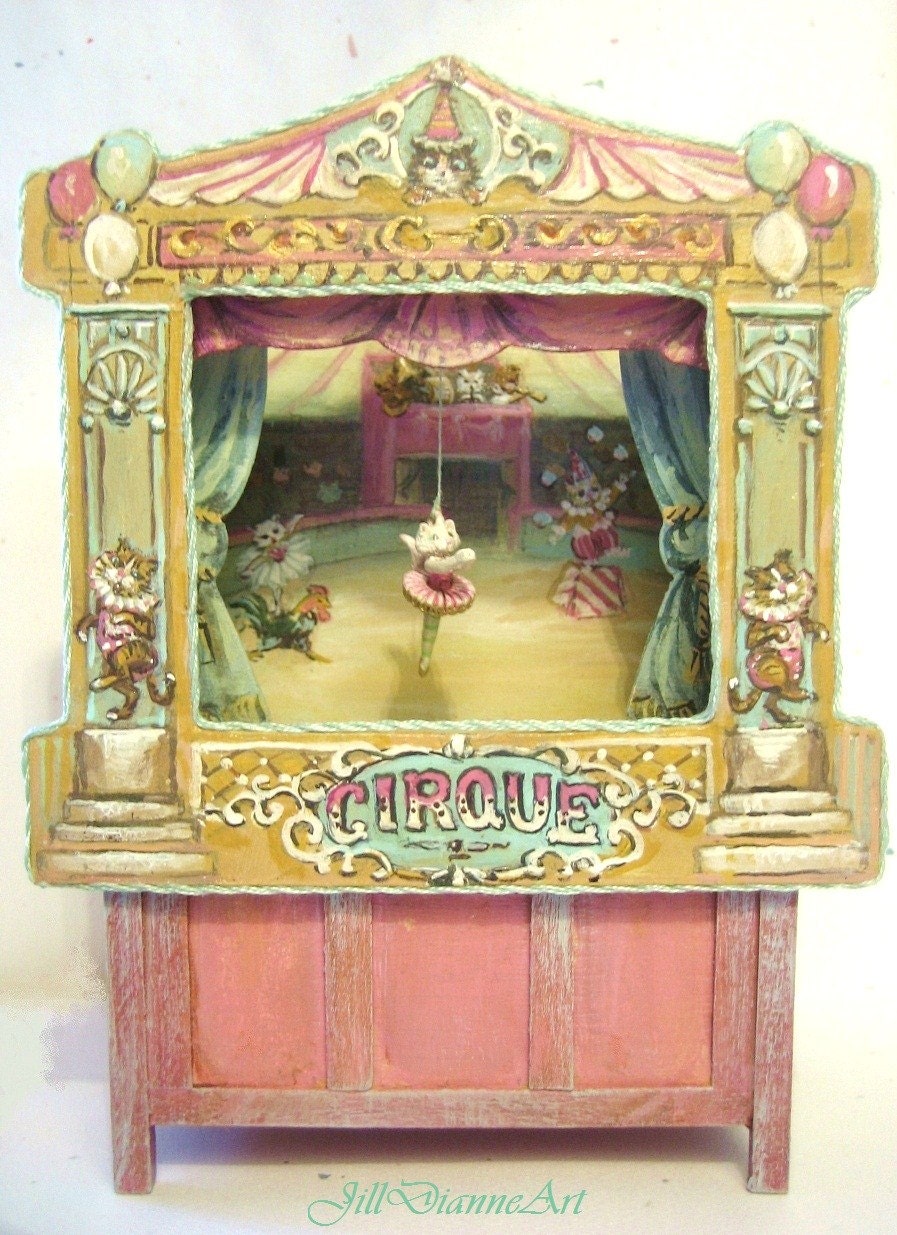 Victorian Cat and Chicken Circus Puppet Theatre - Dollhouse Miniature Art or Antique Doll Toy - by  Jill Dianne