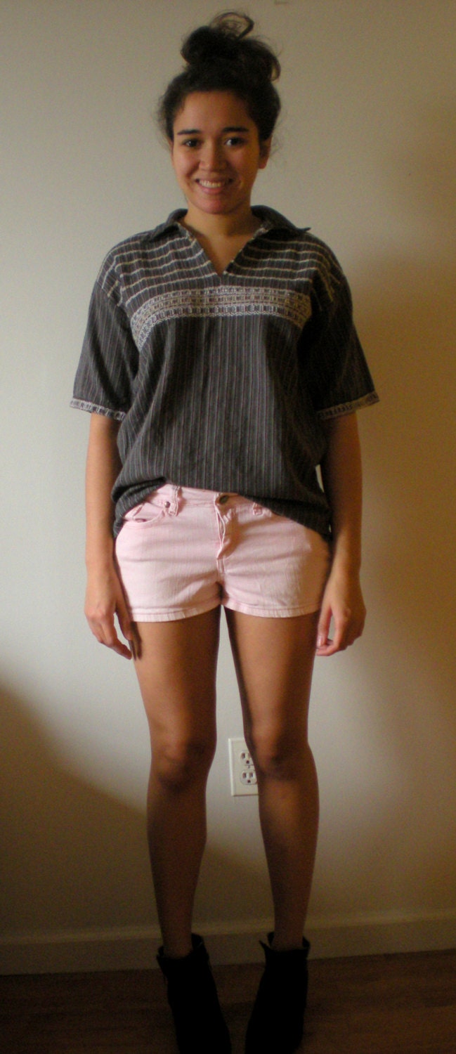 Grey BOHO Hippie STRIPED Embroidered Shirt Top 70s