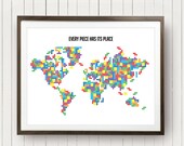World Map poster in TETRIS pieces original colors cool world map A2 size personalized with hometown tetris World Map vintage game wall map