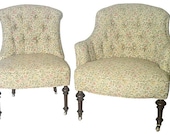 FREE SHIPPING Pair of Vintage Diamond Tuft Slipper Chairs upholstered in yellow, cream, pink and green floral woven fabric