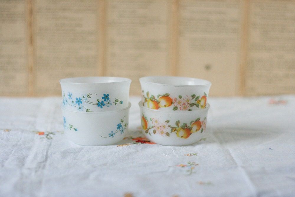 French Vintage Kitsch Arcopal Milk Glass Bowls Set of Four with Fruit and Flower Designs Mother's Day Gift