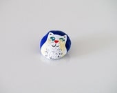 Handmade white cat pin / Kitty jewelry / Cat art / Blue/ Original unique brooch / Make to order
