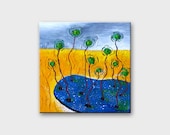 Small textured painting on canvas ISLAND Yellow Gray Floral Abstract Modern Contemporary art 10x10 picture Gift Idea