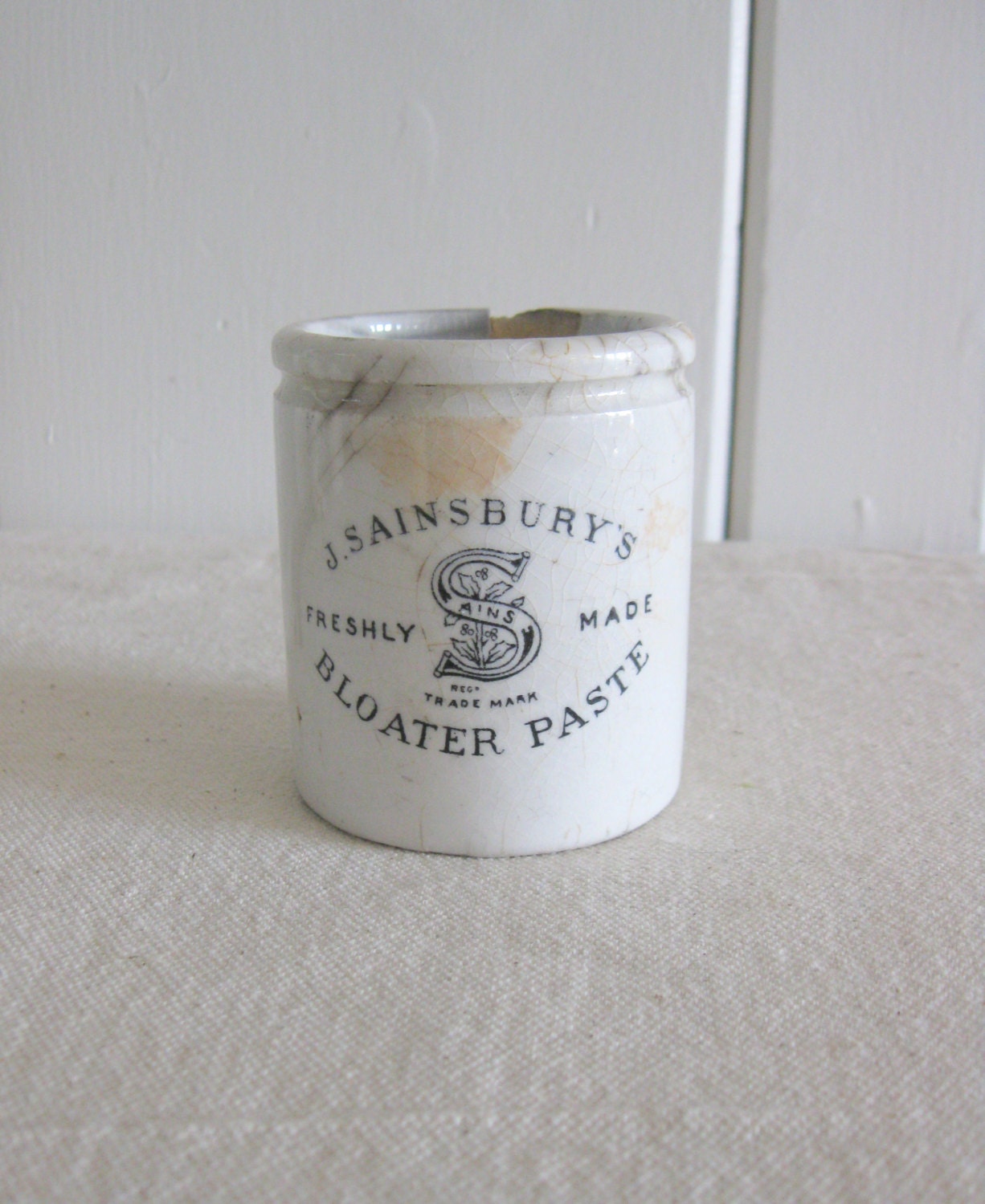 Antique Crock, English Crock with Advertising, Sainsbury's Bloater Paste Jar, Stoneware Crock - RiverHouseDesigns