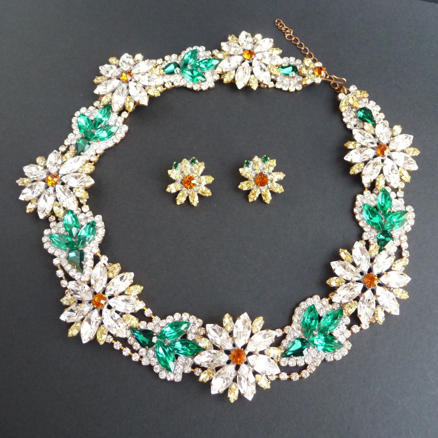 Fabulous OOAK Vintage Handmade Multicolor Daisy Bohemian Czech Glass Crystals Earrings Necklace Set