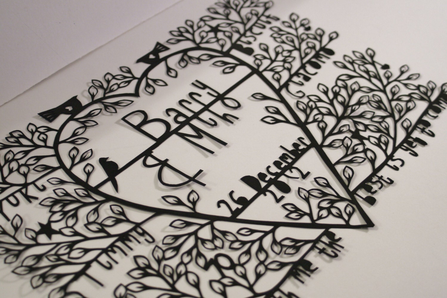Customised bespoke papercut, paper cut, wedding gift, anniversary gift, present, family tree, folk art, monotone, black