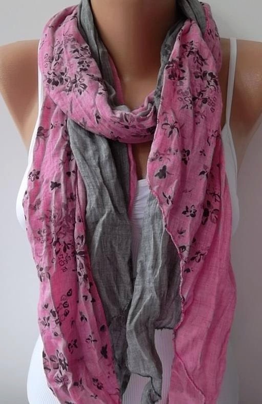 Scarf - Cotton -Elegant Scarf Cotton Scarf - Gray/pink