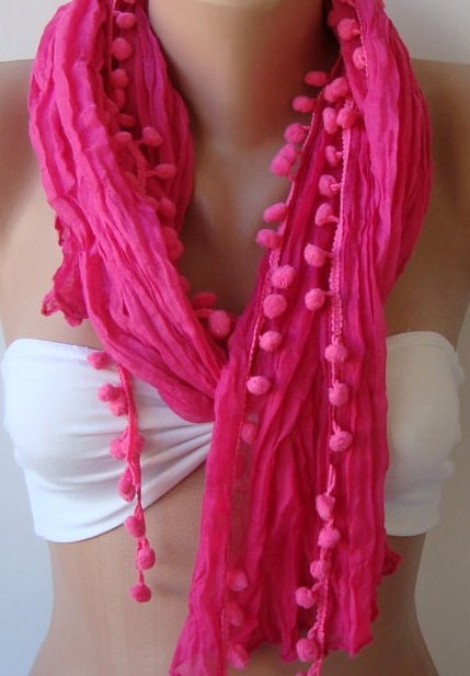 Elegant scarf Cotton scarf hot pink scarf Batik scarf pompom