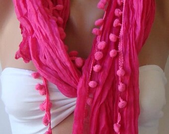 Elegant scarf Cotton scarf hot pink scarf Batik scarf pompom