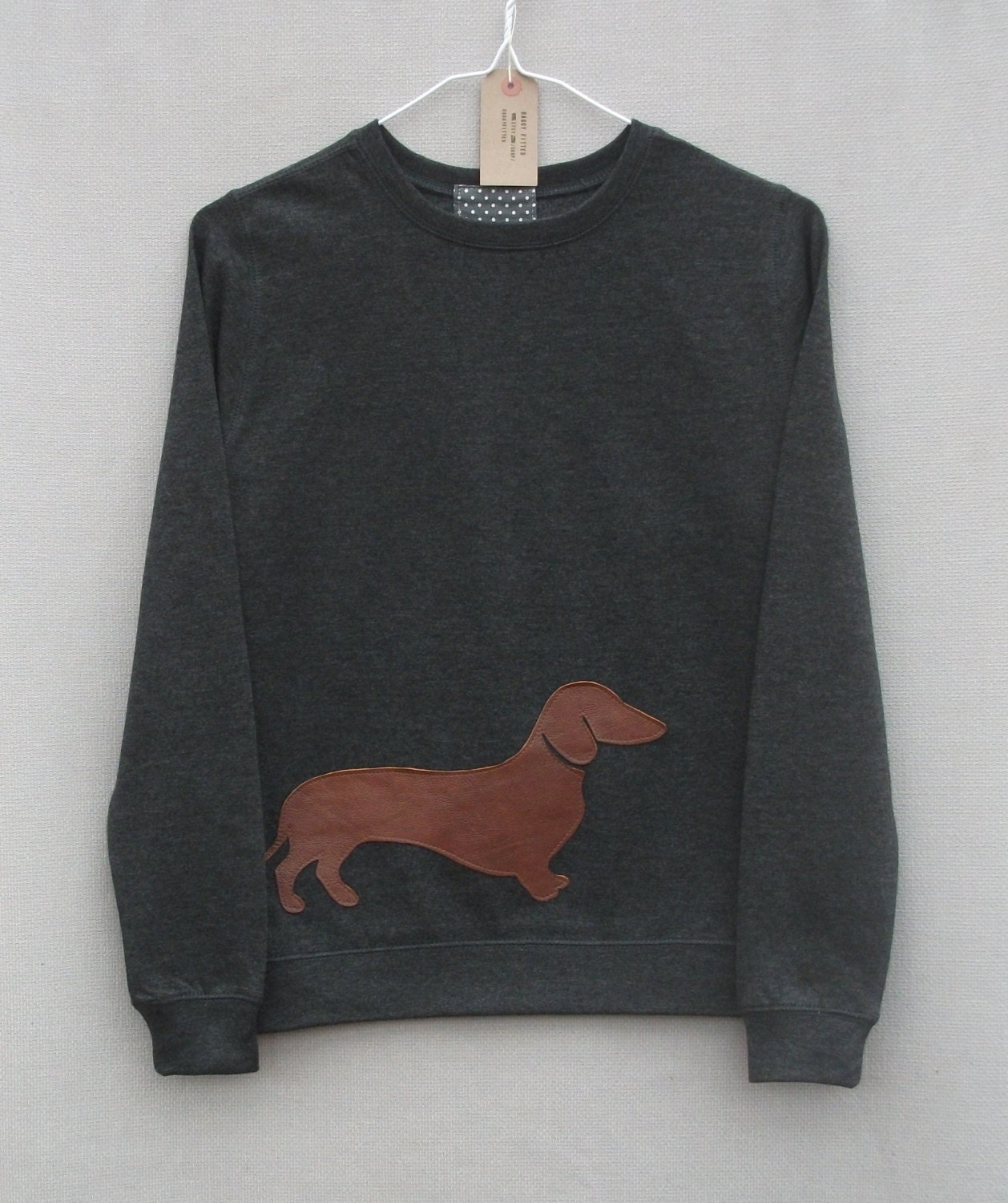 Leather Daschund Jumper Women's Dark Grey Heather Lightweight Crew Neck Sweatshirt